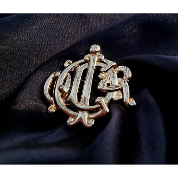 Vintage Authentic CHRISTIAN DIOR Gold Logo Monogram Brooch Pin - Picture 3 of 5